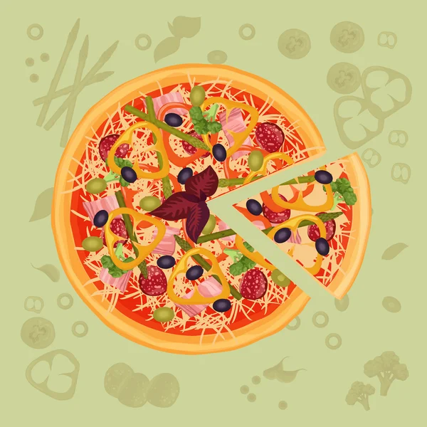 Kawałek pizzy na cięcia pokładzie. Ilustracja menu Pizza. — Wektor stockowy