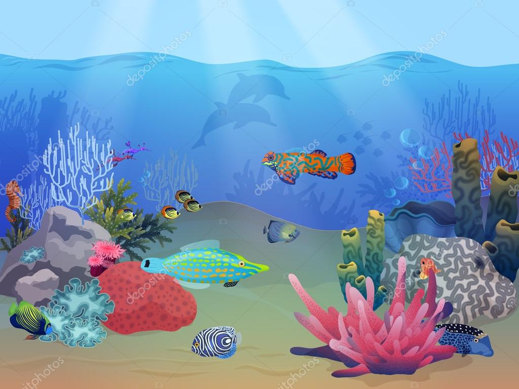 Mer océan paysage sous-marin scène avec des poissons exotiques colorés ...