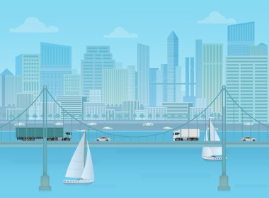 Modern şehir şehir şekli arka plan üzerinde kamyon ve araba ile Amazing Bridge.