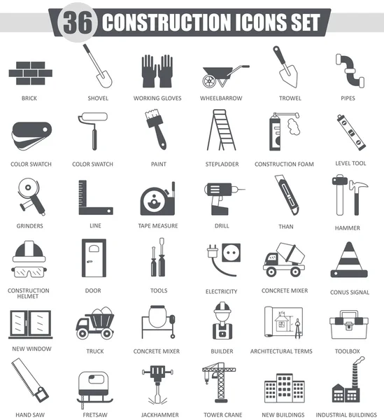 Vector bouw en bouw tools zwarte icon set. Dark Grey Classic icon ontwerp voor web. — Stockvector