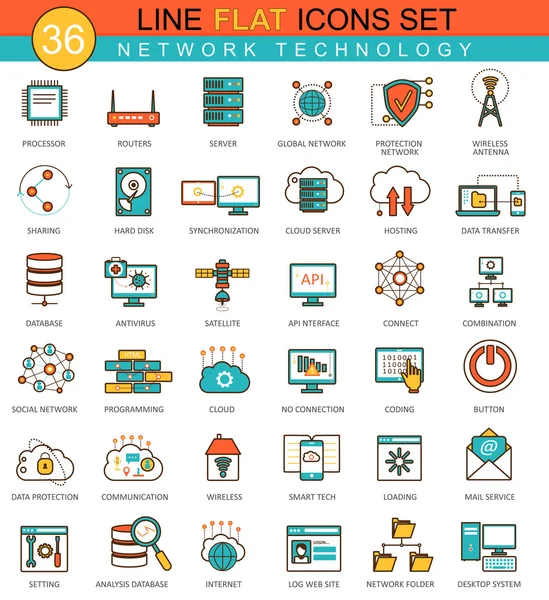 Conjunto de iconos de línea plana de tecnología Vector Network. Diseño de estilo moderno y elegante para web . — Vector de stock