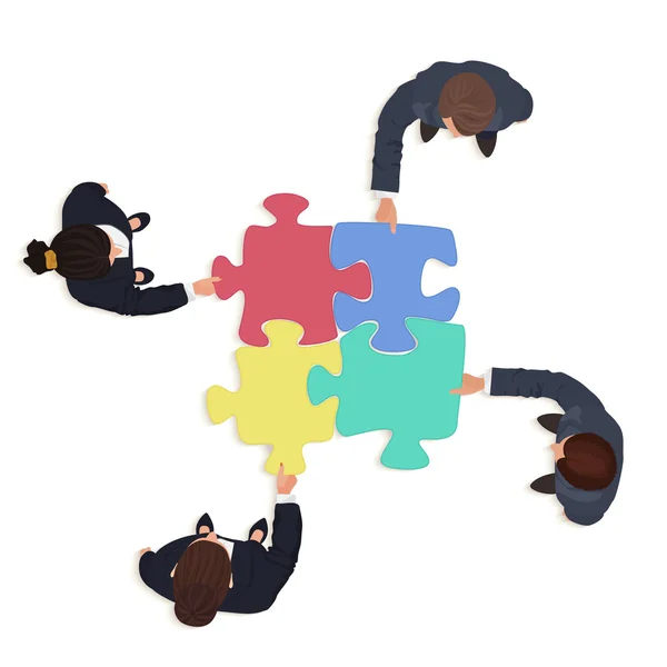 Zakenmensen team met puzzelstukjes. Financieel oplossings concept. — Stockvector