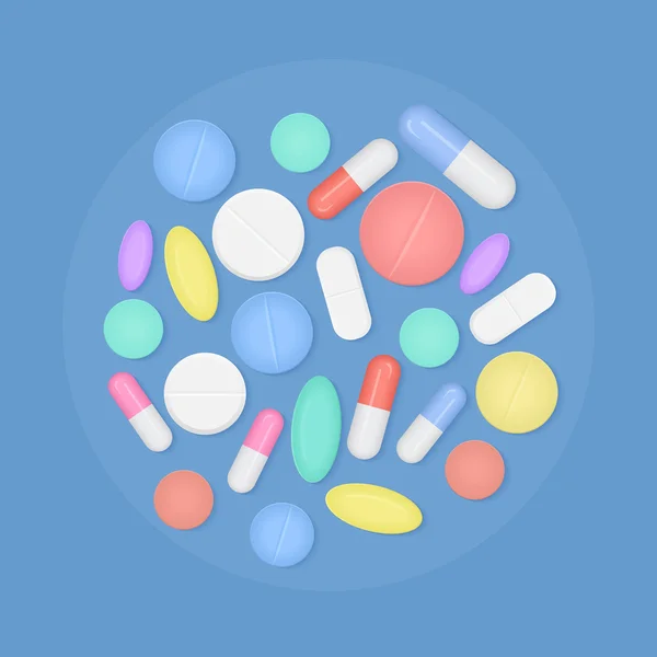 Veel kleurrijke geneeskunde pillen Top View geïsoleerd. — Stockvector