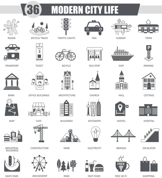 Vector Conjunto de iconos negros de ciudad moderna. Diseño clásico de icono gris oscuro para web . — Vector de stock