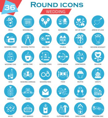 Vektör Düğün daire beyaz mavi simgeler ayarlayın. Web için ultra modern simge tasarımı.