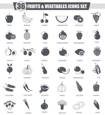 Icon set siyah vektör meyve ve sebze. Koyu gri klasik simgesi tasarım web için.