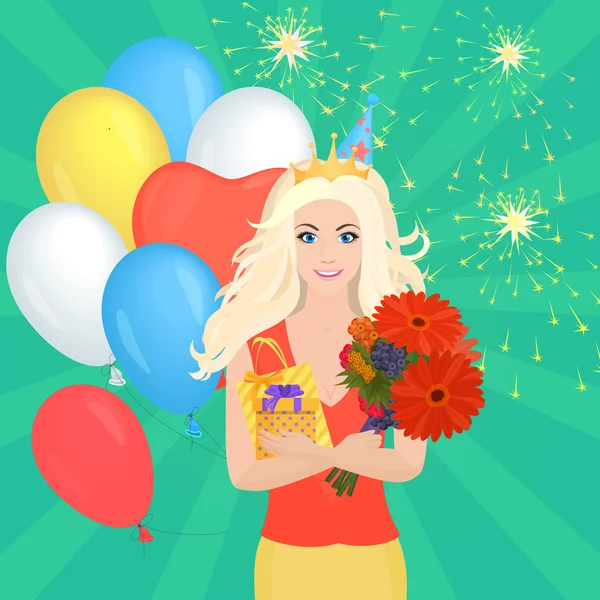 Lächelndes hübsches blondes Mädchen mit Geschenkbox und Blumen. Geburtstagskonzept. — Stockvektor
