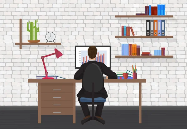 近代的なオフィス、デスクトップ コンピューターで作業するビジネス人の背面図. — ストックベクタ