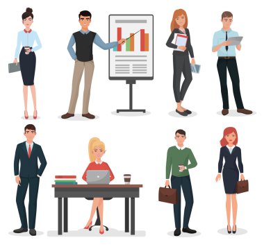 Office iş adamları becerikli alet, belgeler ve bavul ayarla.