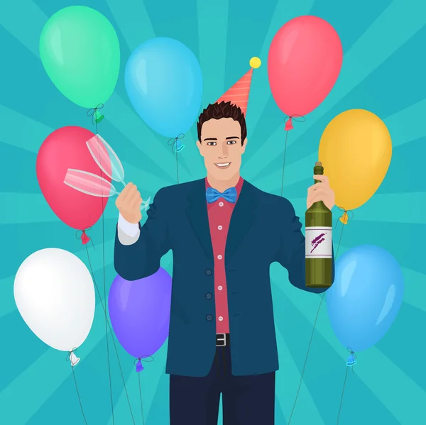 Lächelnder gutaussehender Mann mit Champagner und Gläsern mit Luftballons in der Hand. Geburtstagskonzept. — Stockvektor