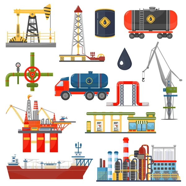 Concetto infografico dell'industria petrolifera. Benzina diesel trasporto e distribuzione icone . — Vettoriale Stock