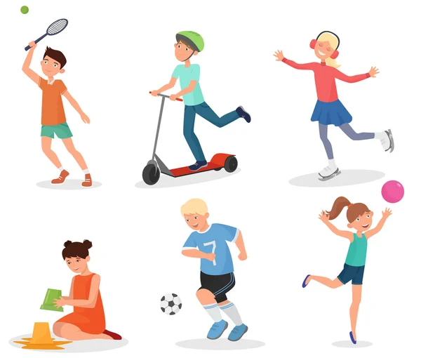 Joyeux enfants de l'école mignons jouer et le sport. Vélo, football, athlétisme et patinage . — Image vectorielle