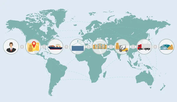Παγκόσμιο χάρτη έννοια της παράδοσης εφοδιαστικής φορτίου shipping υπηρεσία infographics. — Διανυσματικό Αρχείο