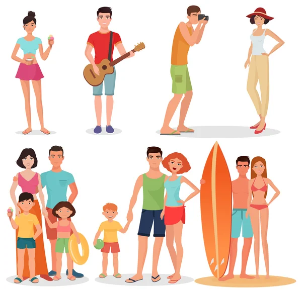 Personas y parejas en vacaciones colección de fiestas en la playa. Vacaciones de verano conjunto . — Vector de stock