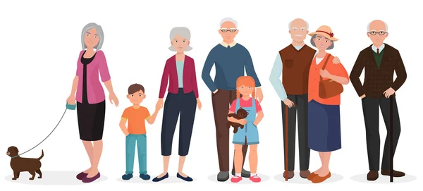 Eski insanlar dedesi çiftler seti. Büyükanne ile çocuklar ve köpek.