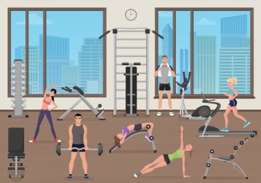 Eğitim salonunda insanlar. Fitness Spor yer. Spor olarak erkek ve kadın adam çalışma.