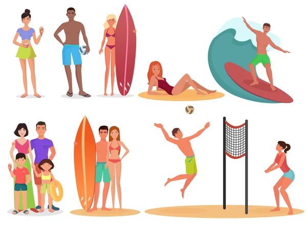 Emberek és a párok, aktív sport nyaralás strand gyűjtemény. Nyári szünidő készlet. — Stock Vector