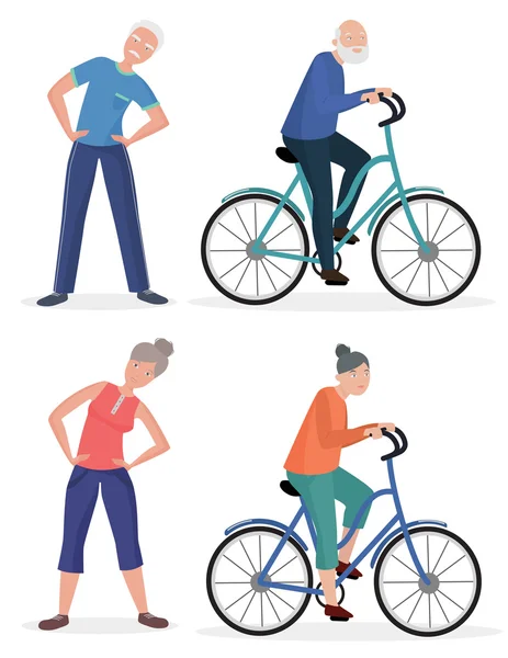 Fitness sport healthy old people grandparents couples set. Senior man and woman pedal bicycle. — Stock Vector