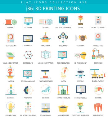 Vektör 3d baskı düz simge seti. Zarif stil tasarımı.