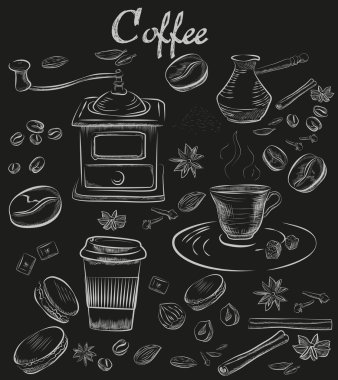 Elle çizilmiş tebeşir tahta dekoratif kahve koleksiyonu. Vintage kahve seti.