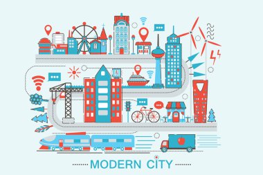 Modern Modern akıllı şehir grafik düz çizgi tasarım stili infographics kavramı küresel ağ teknolojisi ile Web sitesi, sunum ve poster için simgeler.
