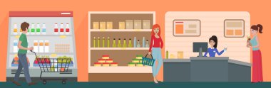 İnsanlar süpermarket konseptiyle alışveriş yaparken. Müşteriler gıda süpermarket mağazasında ürün satın.
