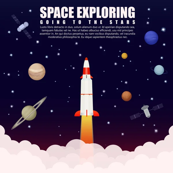 Rymdraket lansering utforska och forskning med satellit och planeter. Företagsstart. Affisch för vektor illustration. — Stock vektor