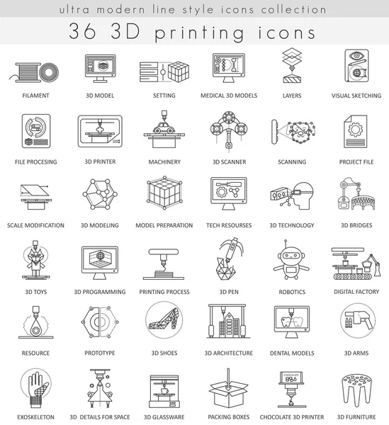 Iconos de contorno ultra modernos de impresión vectorial 3D para web y aplicaciones . — Vector de stock