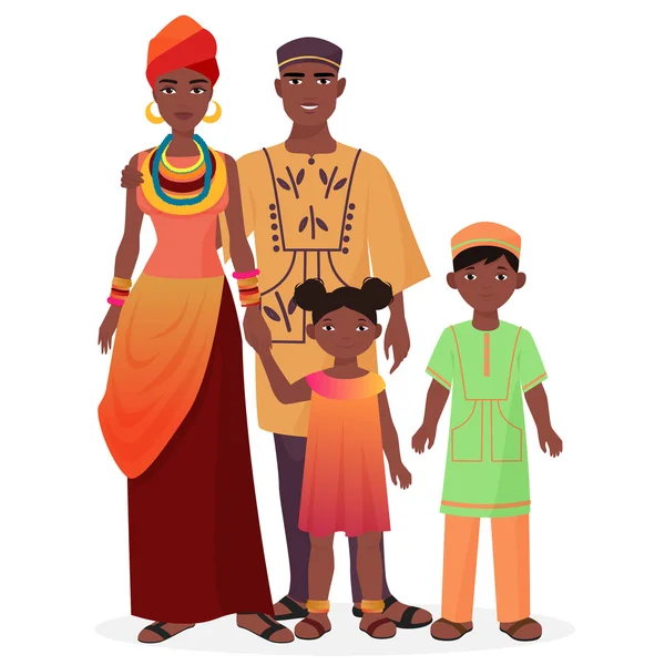 African family. African man and woman with boy and girl kids in traditional national clothes. — Stock Vector