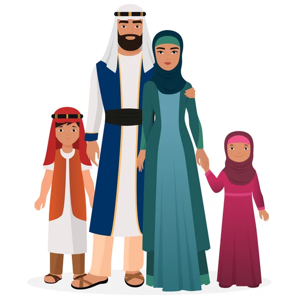 Arabian family. Arabian man and woman with boy and girl kids in traditional national clothes. — Stock Vector