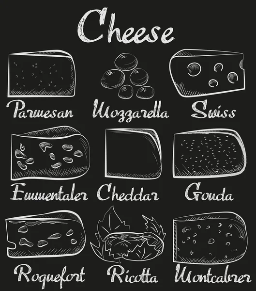 분필 보드 슬라이스 컷 치즈 구색 컬렉션입니다. 빈티지 핸드 드 그린 치즈. — 스톡 벡터