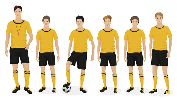 Young guys school football team with coach trainer. Vector illustration — 스톡 벡터