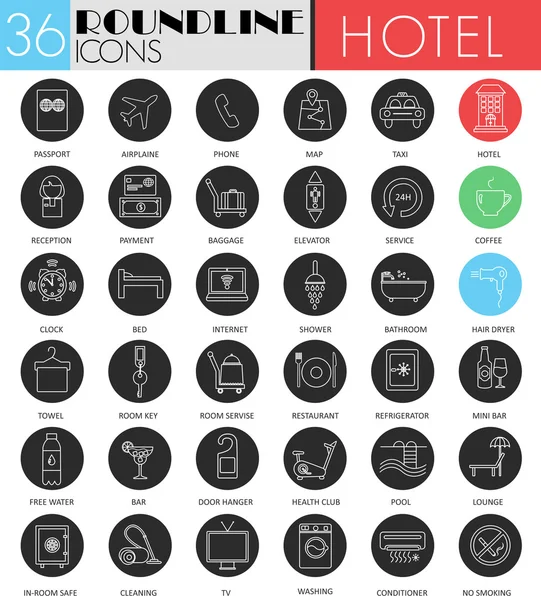 Vector Hotel círculo de servicio blanco icono negro conjunto. Diseño de iconos negros de línea moderna para web . — Vector de stock