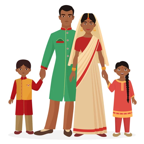 Indisk familj. Indisk man och kvinna med pojke och flicka barn i traditionella nationella kläder. — Stock vektor