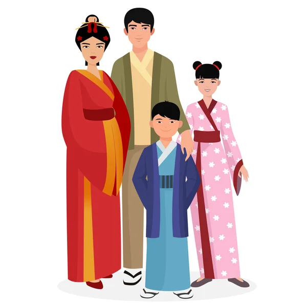 Família japonesa. japonês homem e mulher com menino e menina crianças no tradicional nacional roupas . — Vetor de Stock