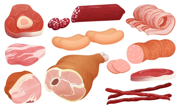 Different kinds of meat collection. pork meat, veal and ham meat, salami slices, sausage, bacon and beef. Fresh steak. — Stock Vector