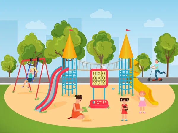 Bambini bambini che giocano nel parco giochi. Illustrazione vettoriale . — Vettoriale Stock