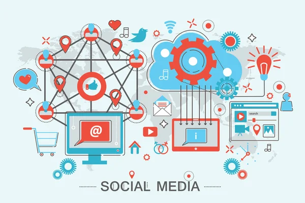 Ilustração do vetor Rede Social e Mídia Social. Design gráfico moderno Infográficos de linha plana Conceito para promo e banner web . — Vetor de Stock