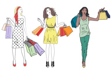 moda alışveriş kız kadın seti. Mutlu arkadaşlar alışveriş grubu.