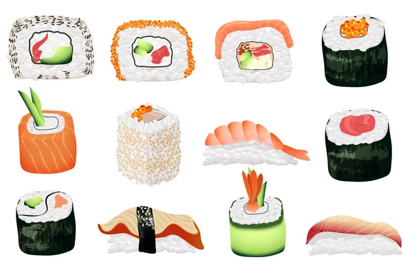 Sushi set. Japans vis en zeevruchten sushi rolls collectie. — Stockvector