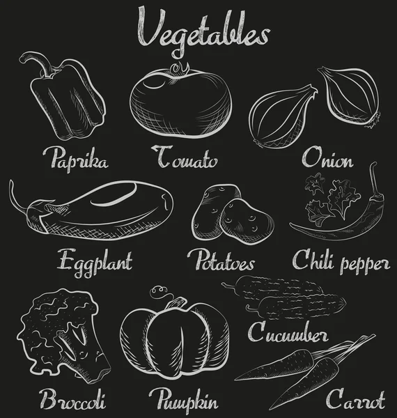 Legumes vintage. Desenhado à mão giz quadro negro esboço coleção de legumes orgânicos . — Vetor de Stock