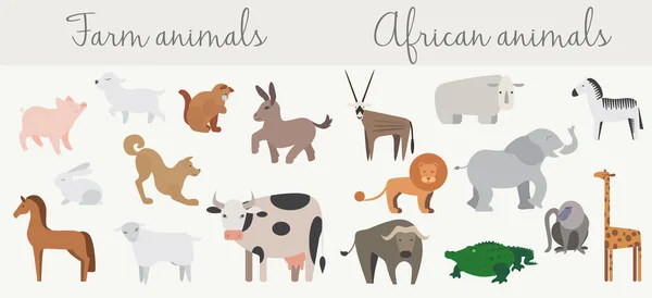 Cute african and farm animals set. — Stock Vector