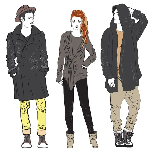 Fashion man och kvinna skiss illustration. Fashionabla ung gata kille och flicka. — Stock vektor