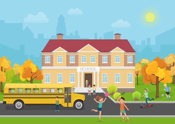 Schulgebäude mit Kindern im Hof und vor dem gelben Bus. Schule und Bildung Vektor Illustration. — Stockvektor