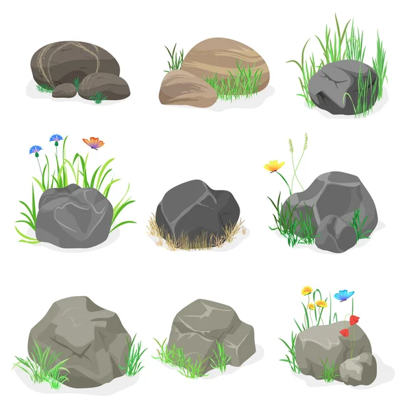 Rocas y piedras con hierba, flores y mariposa colección conjunto. Ilustración vectorial . — Vector de stock