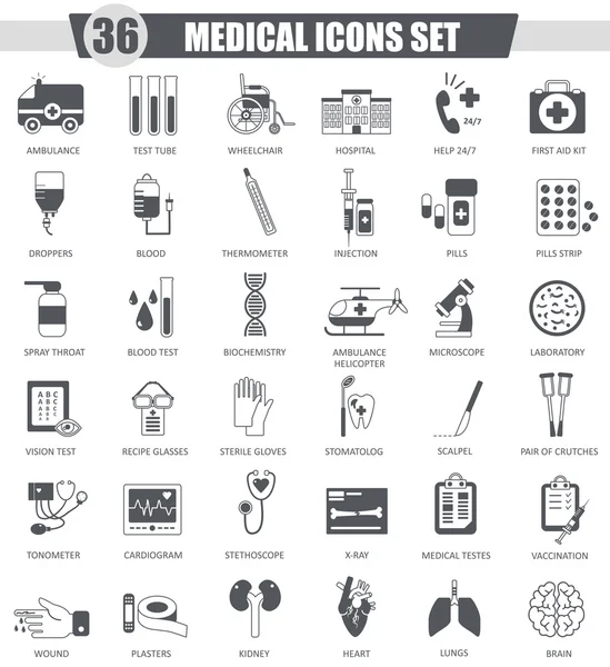 Set di icone Vector Medical nere. Design icona classica grigio scuro per il web . — Vettoriale Stock