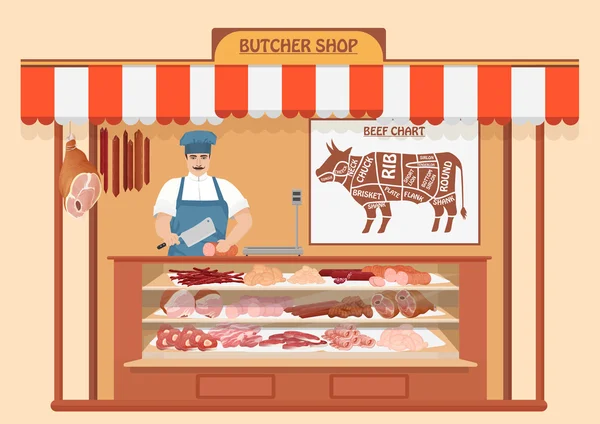 Açougueiro. Vendedor de carne. Armazene prateleiras com carne de porco, vitela e presunto, fatias de salame, salsicha, bacon e carne bovina. Bife fresco . —  Vetores de Stock