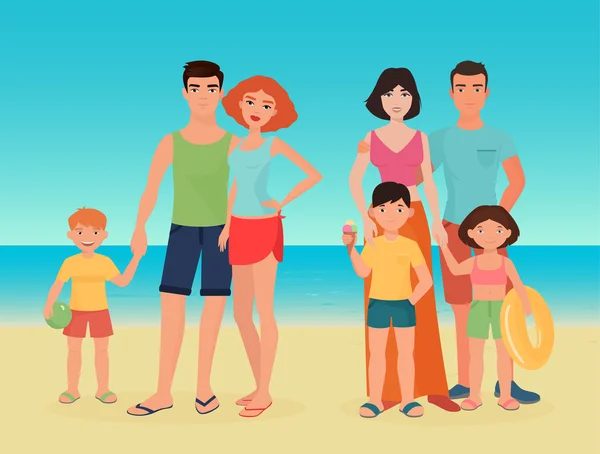 Kreskówka wektor para rodziny z dziećmi na morze ocean plaża razem. — Wektor stockowy