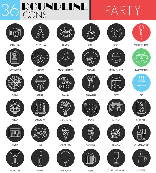 Vector Party círculo blanco icono negro conjunto. Diseño de iconos negros de línea moderna para web . — Vector de stock
