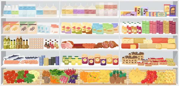 Almacene estantes de supermercados con productos. Ilustración vectorial . — Archivo Imágenes Vectoriales
